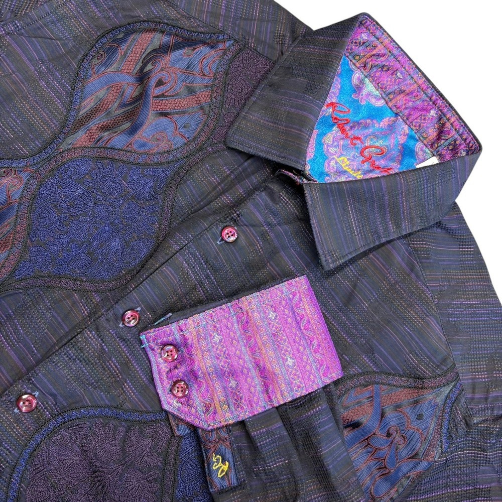 Robert Graham Limited Edition Embroidered Shirt Mens M Purple Ornate Patchwork